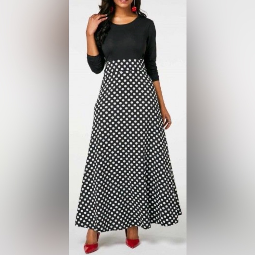 Unbranded maxi dress polka dot round neck long sleeve black white NEW size 3XL